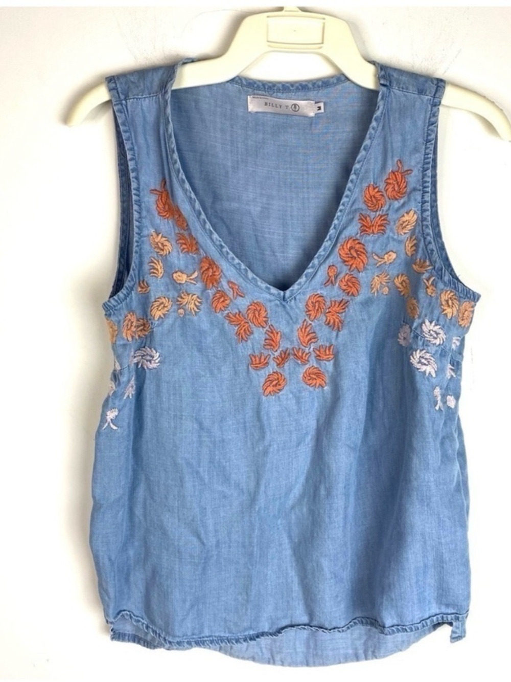 Billy T Light Blue Denim Embroidered V-Neck Tank Top